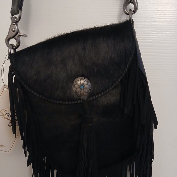 Scully hair on hide black leather fringe crossover bag purse nwt - Picture 2 of 10